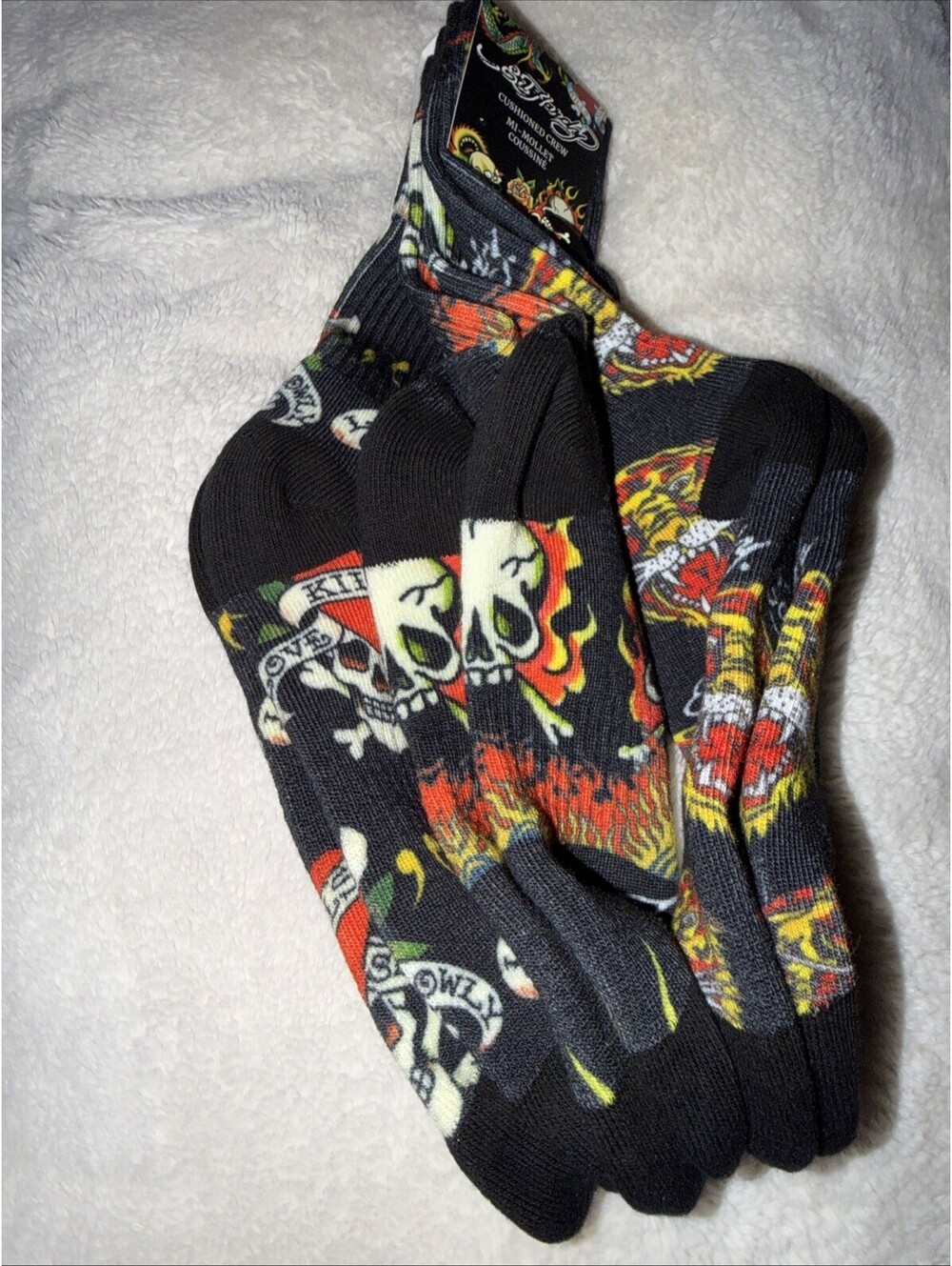 ED HARDY Mens Cushioned Designer CREW SOCKS 3 Pair Stretch Black